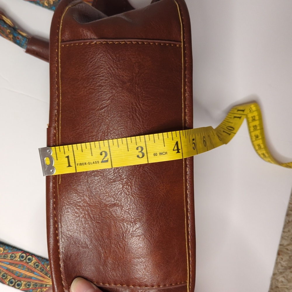 Brown Faux Leather Shoulder Bag with Retro Patterned Strap, Tribal, Aztec,Guitar - Picture 9 of 12